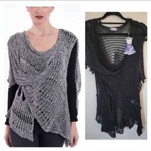 Black distressed knit wrap pullover OS
